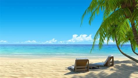 Two Beach Chairs On Idyllic Tropical White Sand Beach Shadow From The