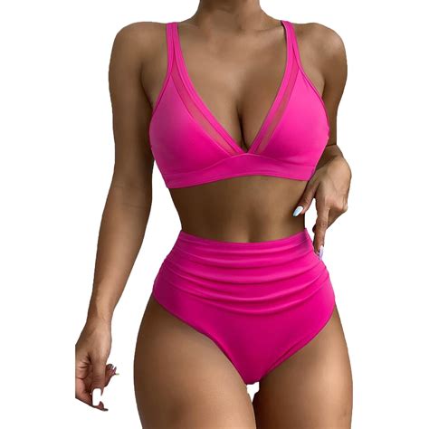 Buigttklop Women Mesh High Waisted Bikini Set Sexy V Neck Tummy Control Swimsuit Bathing Suit