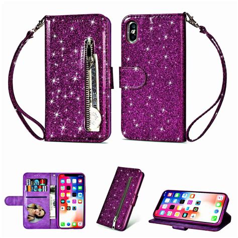 For Apple iPhone X Wallet Leather Case Diamond Glitter Bling Zipper