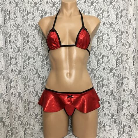 Red Foil Metallic Gstring Thong Bikini Set Etsy Australia