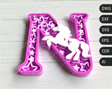 3D Unicorn Layered Letter N SVG Mandala Letter N SVG Unicorn Etsy