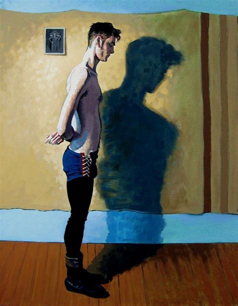 A Painting Of A Man Standing In Front Of A Wall With A Shadow On It