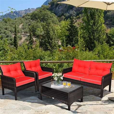 Gymax 4pcs Rattan Patio Conversation Set Red Cushioned Outdoor