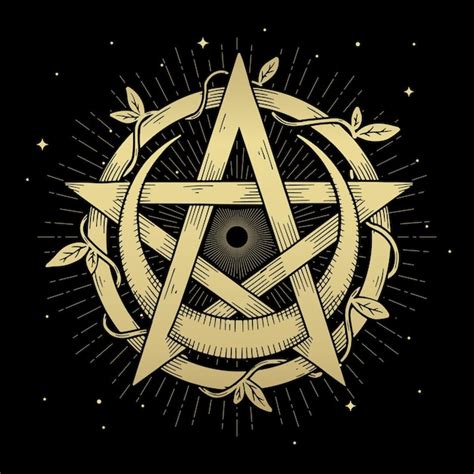 Пентакль и луна украшены растениями и листьями | Премиум векторы