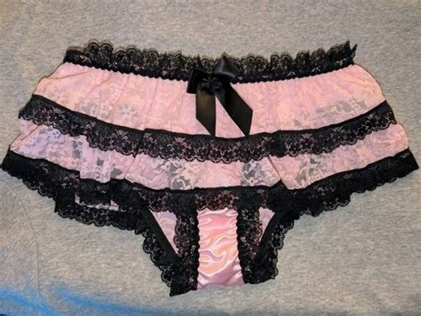 Women S Kawaii Pink Skirted Black Sissy Frilly Ruffle Gay Satin Lace Brief Panty EBay