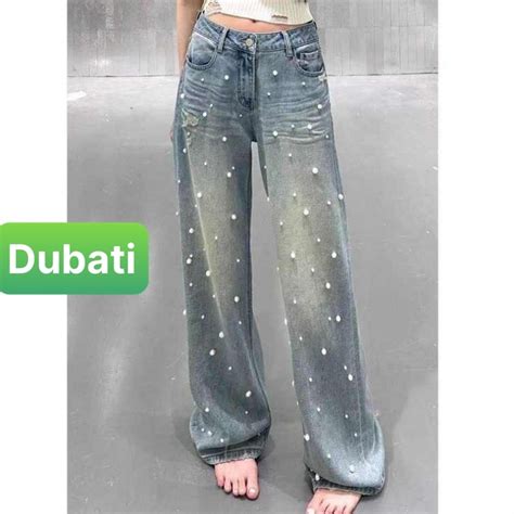QUẦN BAGGY JEAN NỮ CHẤT BÒ XANH ỐNG RỘNG ĐÍNH NGỌC TRAI LƯNG CAO NÂNG MÔNG HOT TREND DB