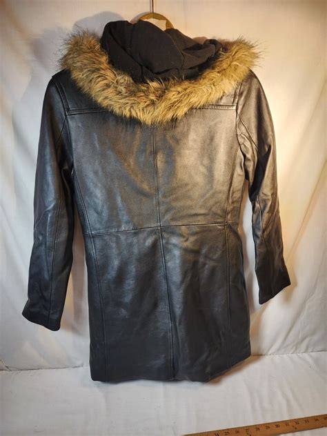 Jaclyn Smith Leather Coat Fur Lined Hood Womens Sma Gem