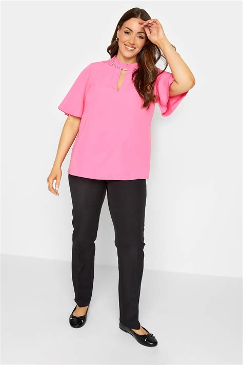 M Co Hot Pink Embellished Neck Keyhole Blouse M Co