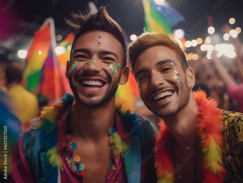 Smiling Generative Ai Couple At Lgbtq Gay Pride Parade In Sao Paulo