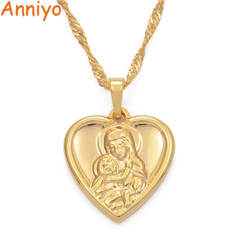 Anniyo Heart Gold Color Lady And Son Pendant Necklaces Religious