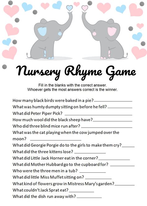 Easy Baby Shower Games Nursery Rhyme Printable