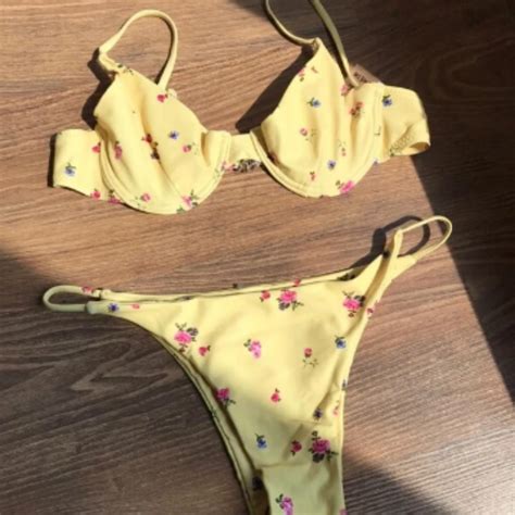 Brand New Yellow Floral Bikini In Size Small Depop