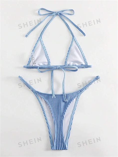Striped Halter Triangle Thong Bikini Swimsuit SHEIN UK