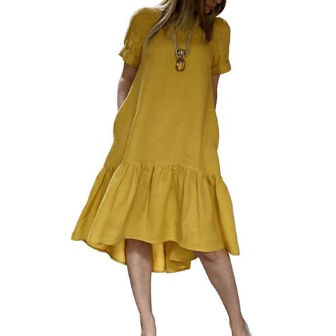 Zanzea Women Casual Loose Solid Short Sleeve Ruffle Trim Midi Dress