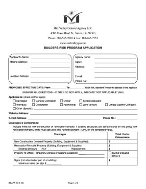 Fillable Online Builders Risk Application Valley General Agency Fax