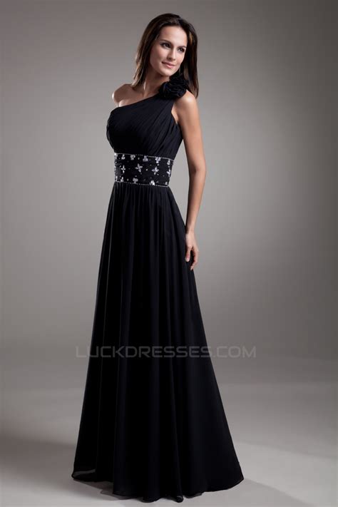 A Line One Shoulder Beaded Black Floor Length Prom Formal Evening