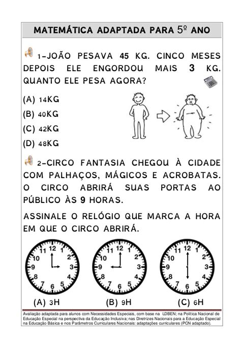 Avaliação de Matemática Adaptada para 5º Ano. - Atividades de Matemática
