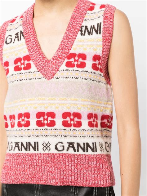 Ganni Intarsia Knit Logo Vest Pink Farfetch