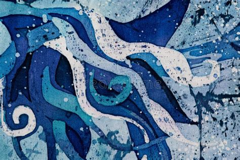 Waves Curly Turquoise Hot Batik Background Texture Handmade On Silk Stock Illustration