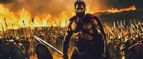 Cinematic shot of King Leonidas holding a spear in the middle of a ...