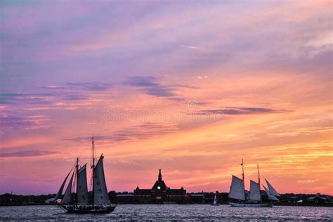 Two Boats Sailing Through Hudson River At Dusk New York City Usa