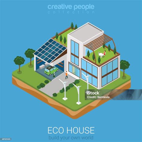 3 차원 Isometric 녹색 환경 친화적인 집 개념 평면 전기 자동차 태양 배터리 바람 터빈 그리고 집 직사각형 플랫폼에 자신만 세계 컬렉션을 빌드하십시오 녹색 기술에
