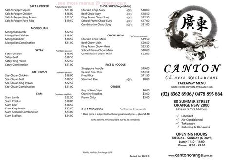 Menu At Canton Chinese Restaurant Orange