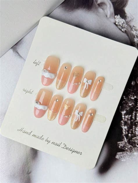10Pcs Set Hand Crafted Sweet Elegance Press On Nails Nude Pink Shimmer