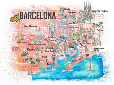 "Barcelona Illustrated Travel Map with Main Roads, Landmarks and ...