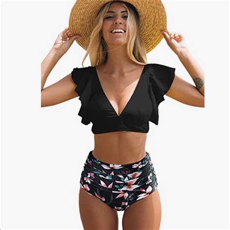 Swim Nwt Women Ruffle High Waist Swimsuit Two Pieces Push Up Tropical Print Bikini Poshmark