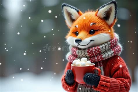 Cozy Winter Fox Enjoying Hot Chocolate In Snowy Forest AI Generation Stock Image Image Of