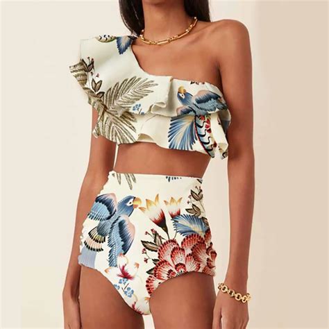 2024 Fashion One Shoulder Ruffle Swimsuit Colorful Parrot Print Bikini High Waist Backless Sexy