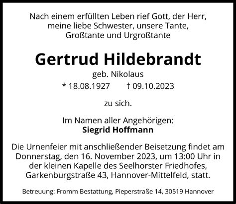 Traueranzeigen Von Gertrud Hildebrandt Trauer Anzeigen De