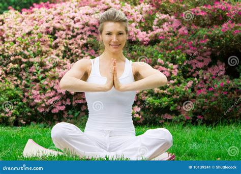 Blonde Girl In Park Doing Yoga Stock Image Image Of Peace Pose 10139241
