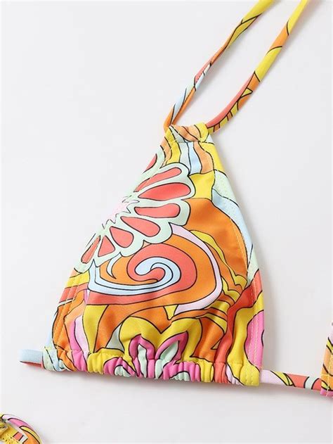 Emmiol Free Shipping 2026 Convertible Floral Print Bikini Set Orange L