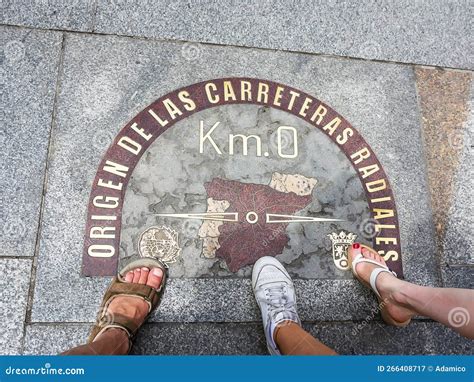 Zero Kilometer Brick In Porta Del Sol Square In Madrid With Tourists