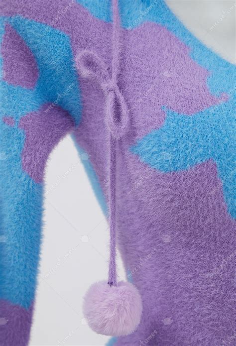 Women Blue Purple Pattern Fluffy Bodycon Romper Sexy Lingerie Cow Print Furry Hooded Bodysuit