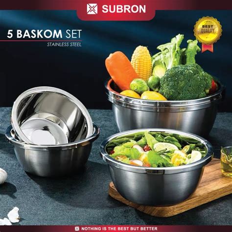 SUBRON 5pcs Baskom Set Basin Stainless Tebal Dapur Lubang Cuci Beras