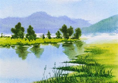 watercolor landscape painting  trees  mountains