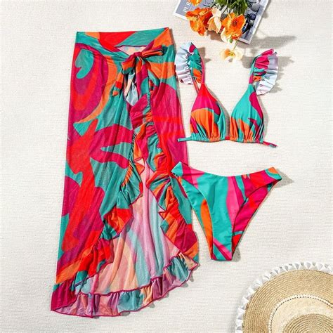 Generic New Print Beach Dress Three Piece Swimsuit Lady Sexy Bikini Hot Spring Swimwear