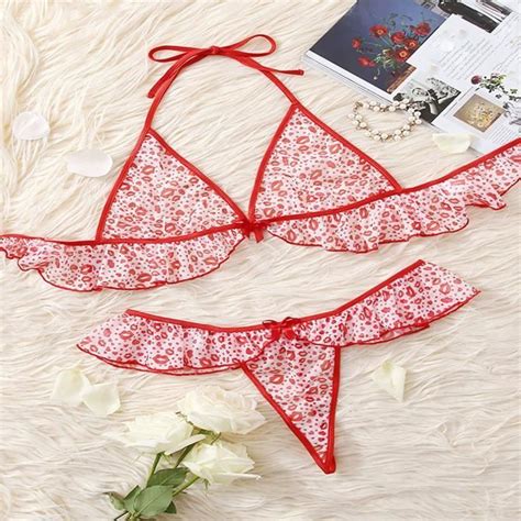 Femmes Plus Size Fashion Love Heart Print Net Yarn Set Sexy Lingerie Underwear Suit Rouge A