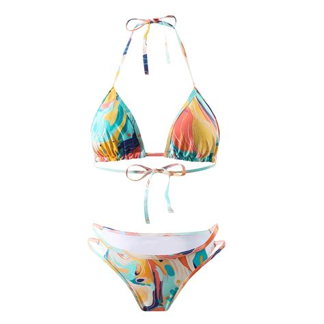 Two Piece Bikini Graphic Print Push Up Bikins Women Sexy Halterneck Swimwear Sets Hollow