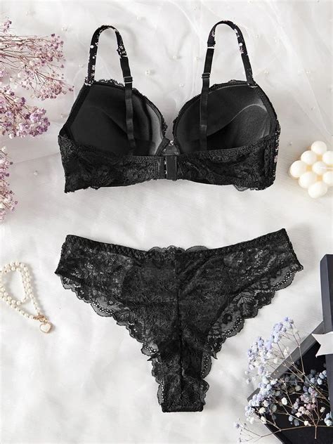 Nylon Bikini Secret Lives Padded Push Up Bra Panty Black Lingerie Set For Women B Floral