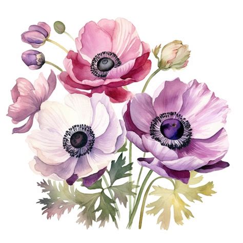 Premium Photo A Watercolor Painting Of Anemones With Purple And Pink