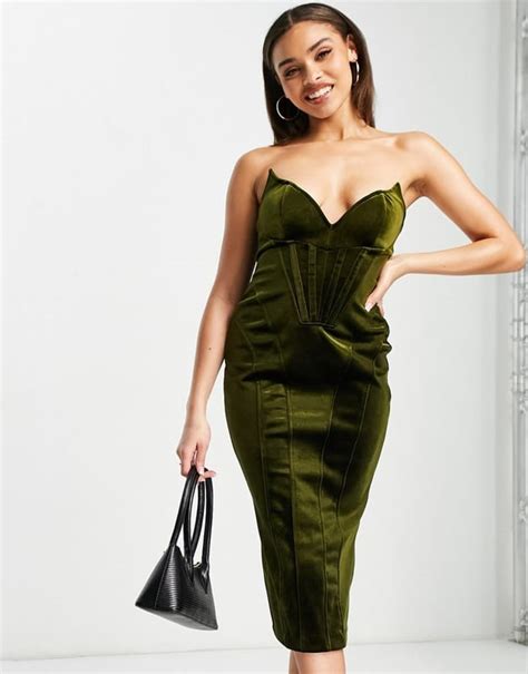 Asos Design Bandeau Corseted Velvet Midi Dress In Dark Green