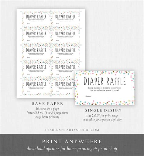 Editable Diaper Raffle Ticket Confetti Gender Neutral Blue Pink