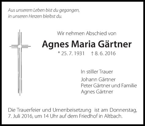 Traueranzeigen von Agnes Maria Gärtner zeit des gedenkens de