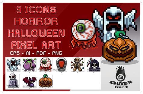 Pack Of 9 Horror Halloween Pixel Art Icons Vectorized And Editable By Oliver Design Arts