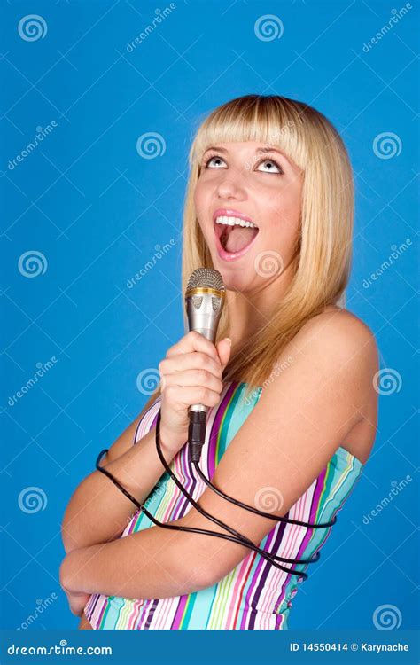 Sweet Blonde Sings Into A Microphone Stock Photo Image Of Lady Glamour 14550414