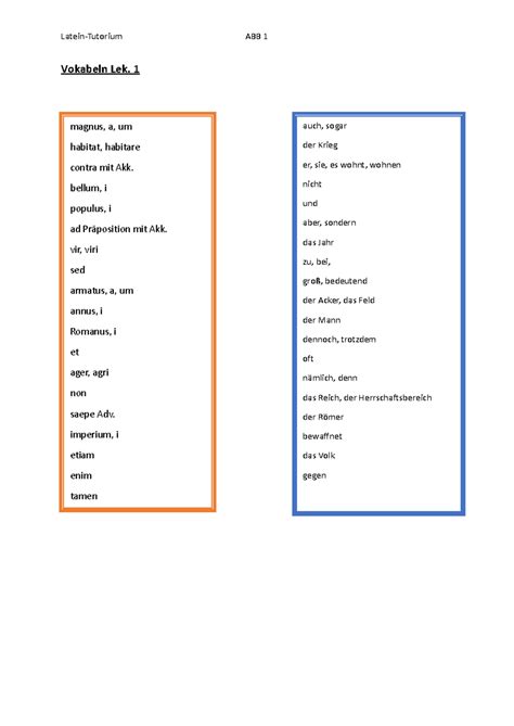 Übungen für Latein Latein Tutorium ABB 1 Vokabeln Lek 1 magnus a